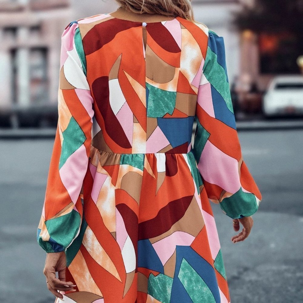 Multicolor Boho Womens Geo Print Lantern Sleeve Ruffle Hem Smock Dress - Picture 3 of 5